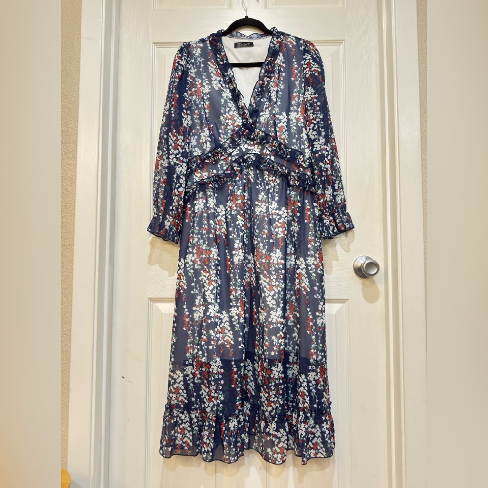 Simple Navy Floral Long Sleeve Dress